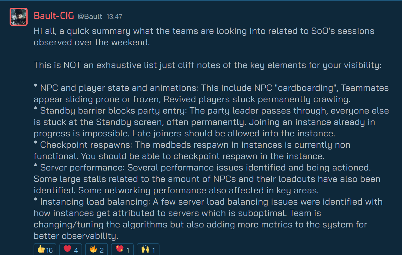Screenshot of Benoit's (CIG) summary on Siege of Orison sessions